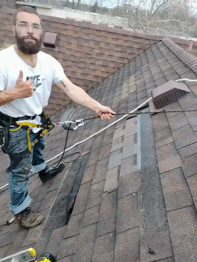 Aerial view of flat roof inspection in progress